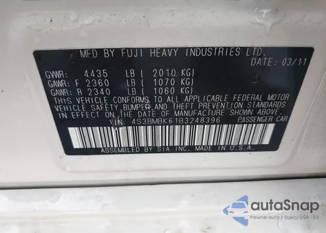 2011 Subaru Legacy 2.5I Limited z USA, uszkodzony, nr VIN 4S3BMBK61B3248396